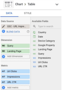 Créez un tableau et sélectionnez votre source de données Google Search Console